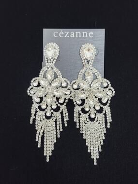 Cezanne Silver Tone Rhinestone Dangle Drop Earrings 4.5 In Statement NWT